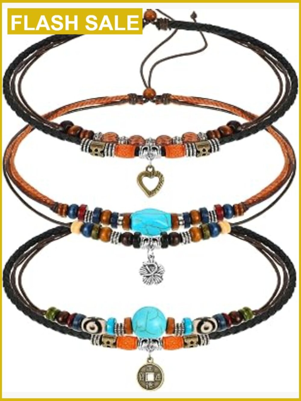 3 Boho Wood Bead Chokers Layered Adjustable Vintage Leather Necklaces